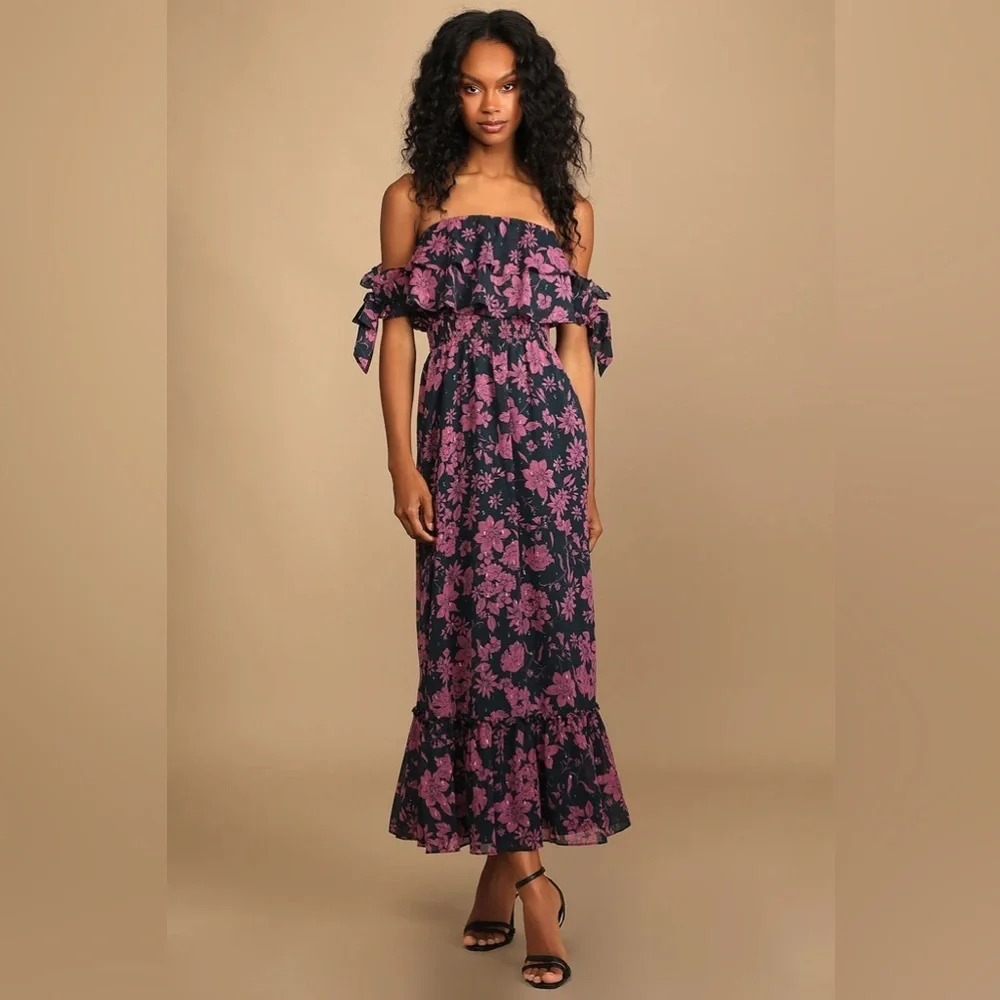 New Lulus Love and Blooms Navy Blue Floral Print Off The Shoulder maxi Dress - Picture 5 of 14